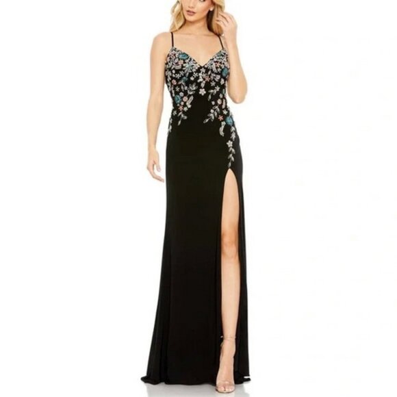 Mac Duggal Black Multi Color Beaded Floral Cami Gown